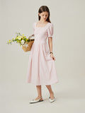 Robe midi cintree a manches ballon coloris bleu