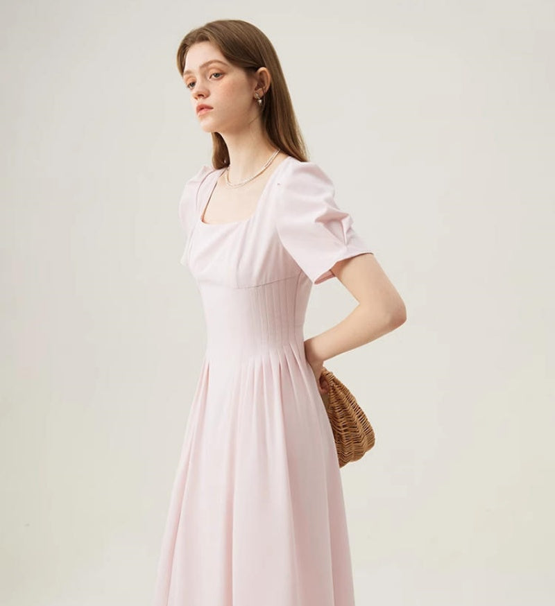 Robe midi cintree a manches ballon rose poudre, vue de face