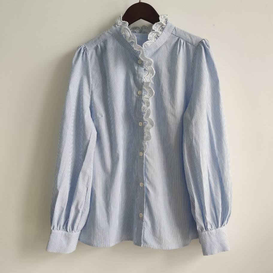 Chemise col montant en coton, coloris rayé bleu