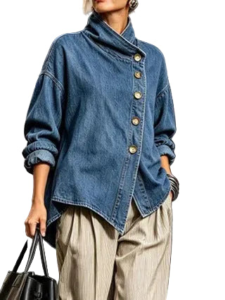 Chemise en jean femme 100 % coton, boutonnage asymétrique à boutons dorés et bas arrondi