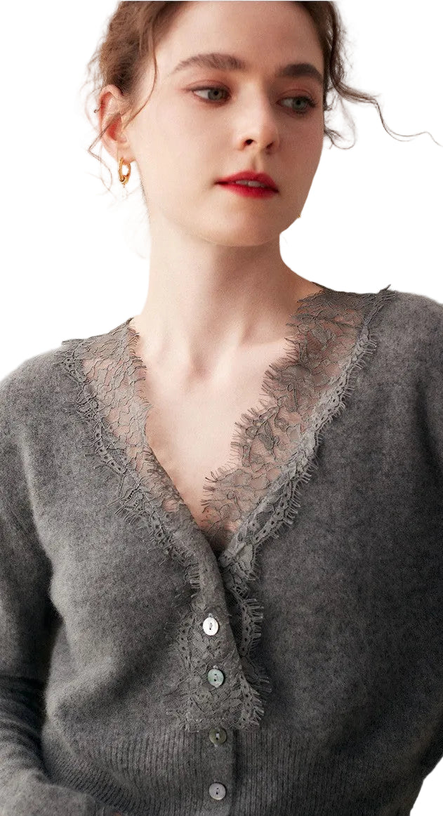 Gilet femme en cachemire à col V bordé de dentelle
