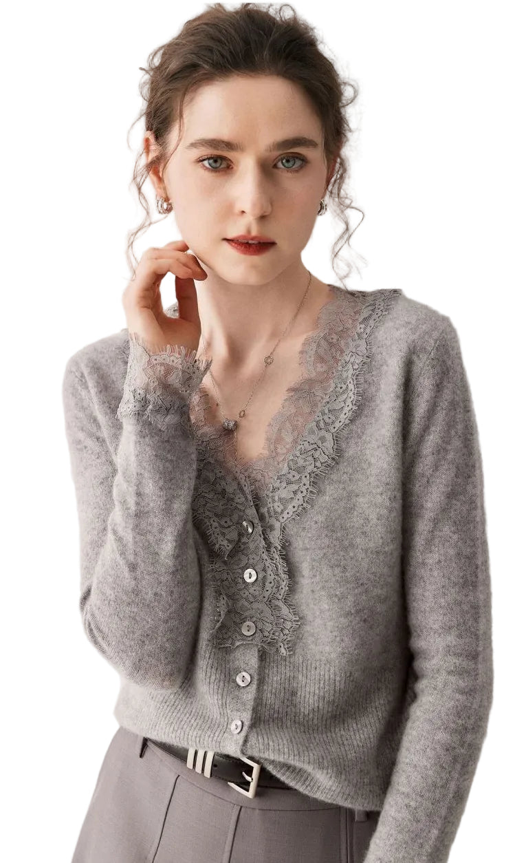 Gilet femme en cachemire à col V bordé de dentelle