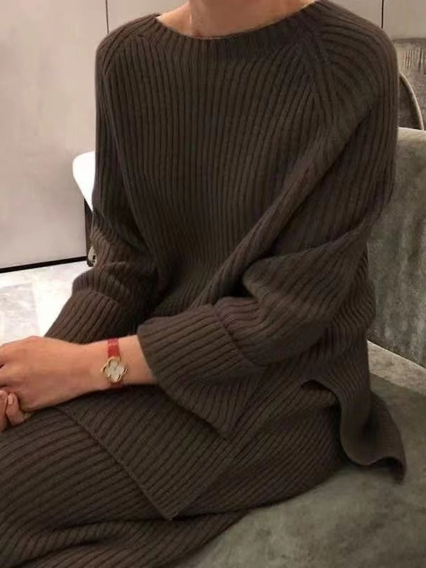 Ensemble femme en maille côtelée, coloris café