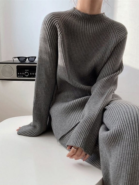 Ensemble femme en maille côtelée, coloris gris