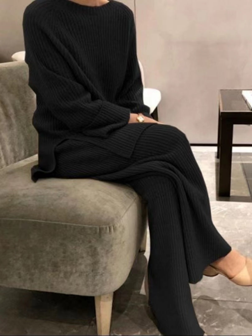 Ensemble femme en maille côtelée, coloris noir