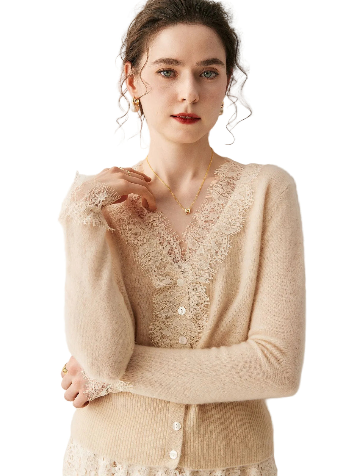 Gilet femme en cachemire à col V bordé de dentelle, coloris beige