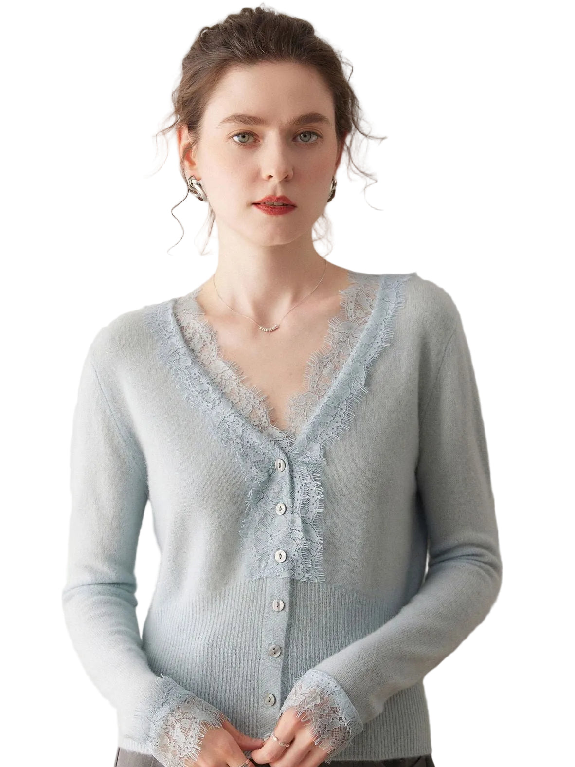 Gilet femme en cachemire à col V bordé de dentelle, coloris bleu ciel