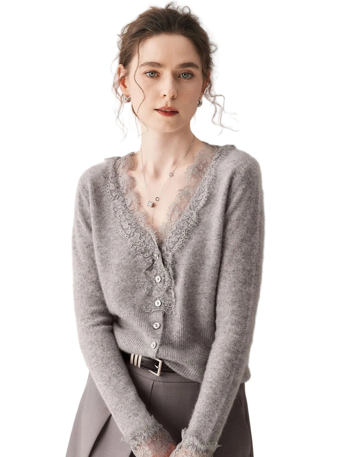 Gilet femme en cachemire à col V bordé de dentelle, coloris gris clair