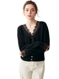Gilet femme en cachemire à col V bordé de dentelle, coloris noir