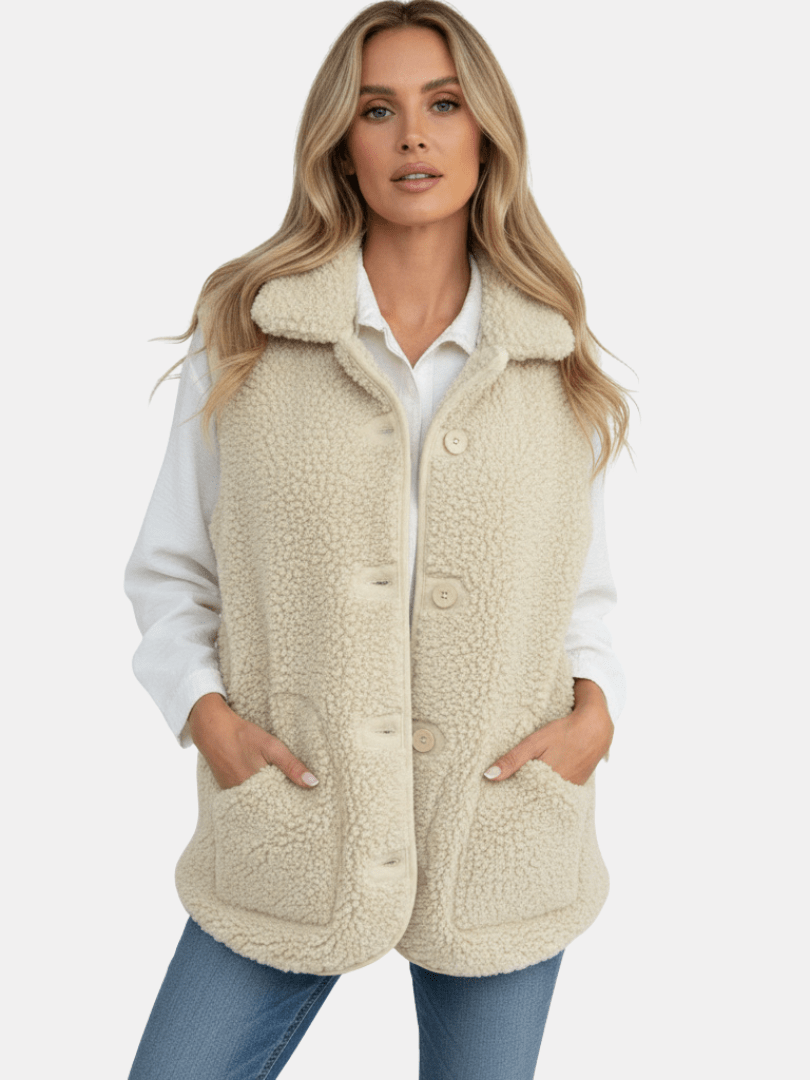 Gilet sans manches femme en polaire teddy écru, porté avec un jean