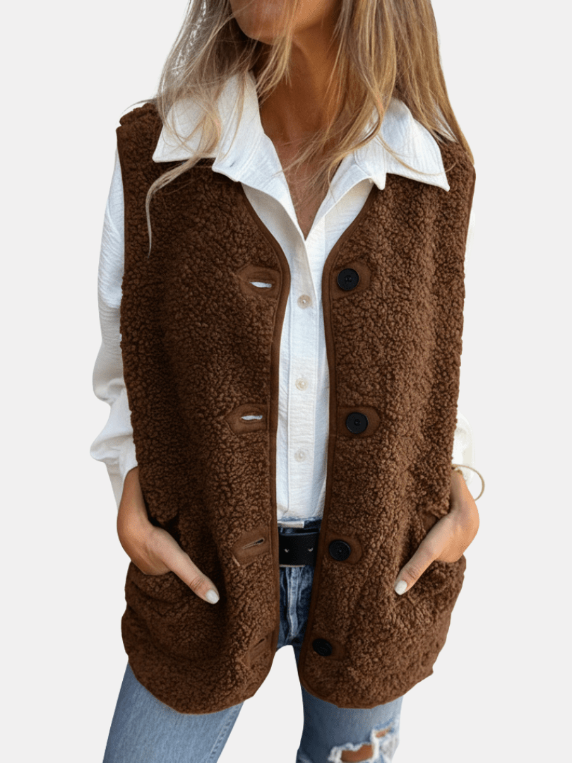Gilet sans manches femme en polaire teddy marron, boutons sur le devant