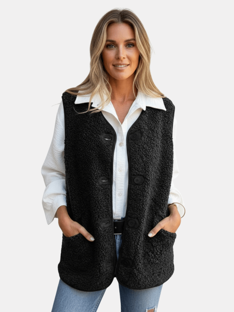 Gilet sans manches femme en polaire teddy noir, deux poches plaquées