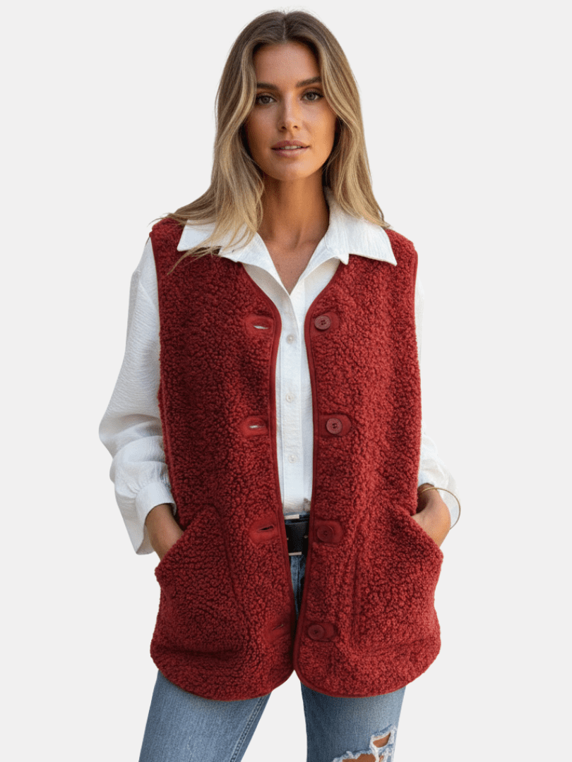 Gilet sans manches femme en polaire teddy rouge brique, boutonné, porté sur une chemise blanche
