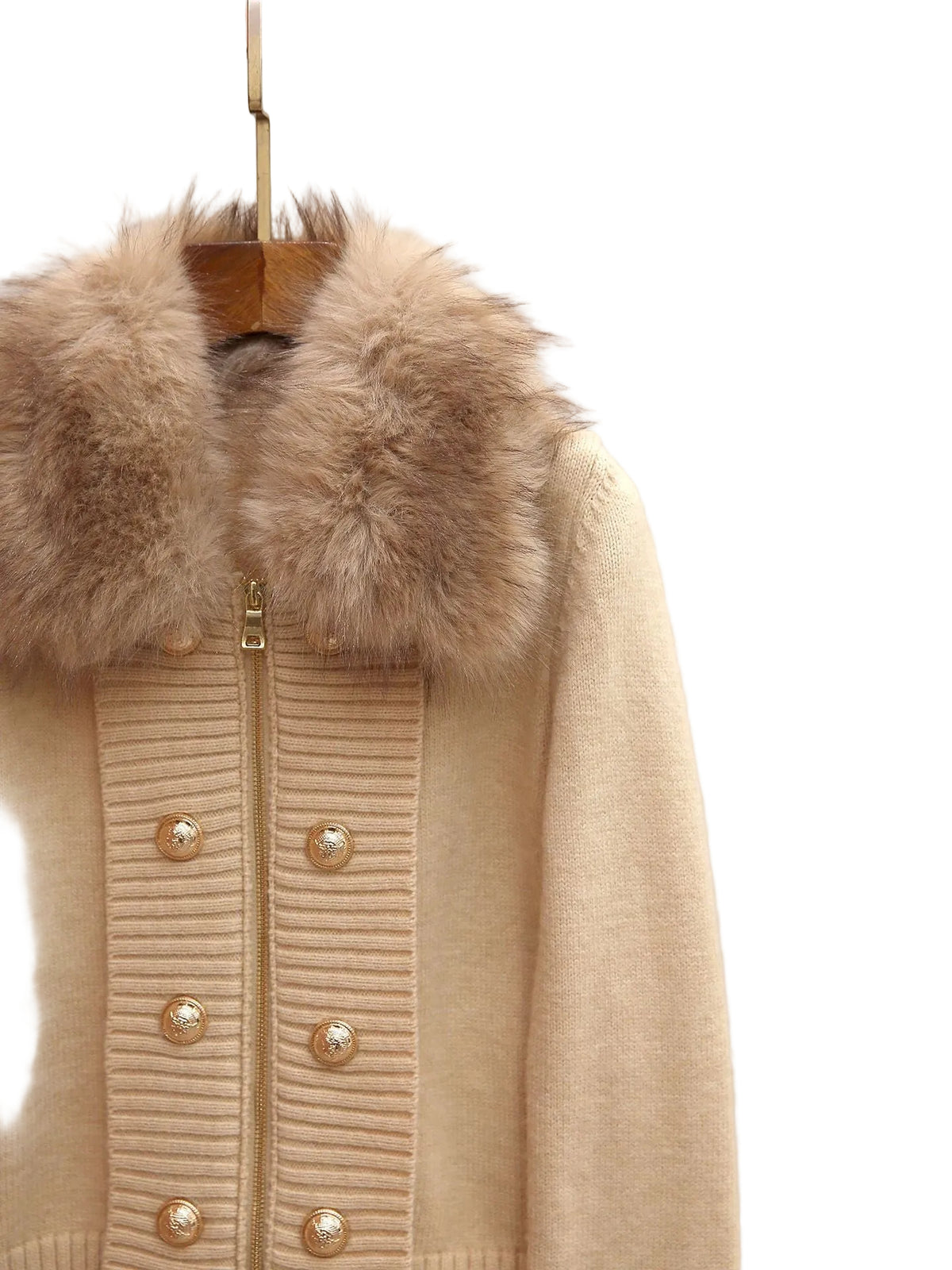 Gilet zippé femme beige vu de côté : grand col effet fourrure et maille épaisse