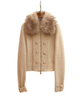 Gilet zippé femme beige à grand col effet fourrure et boutons dorés, vue de face