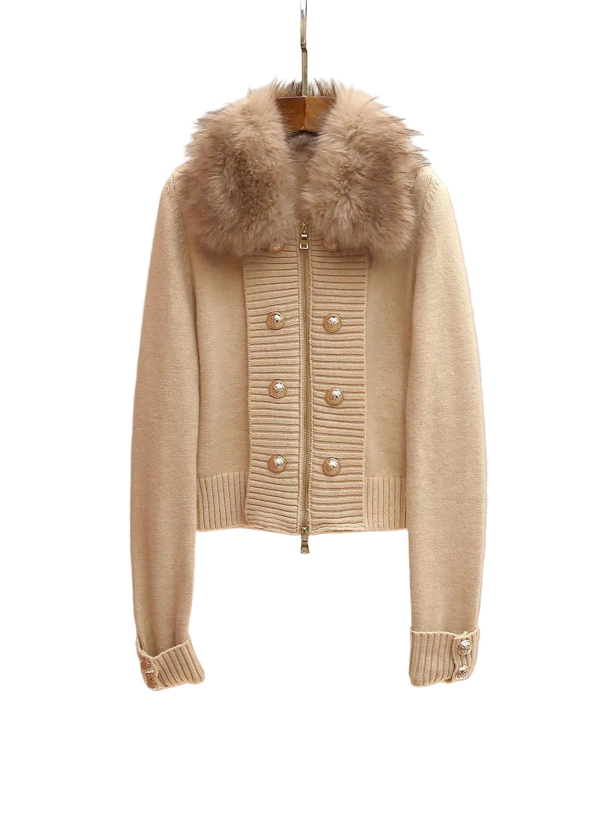 Gilet zippé femme beige à grand col effet fourrure et boutons dorés, vue de face