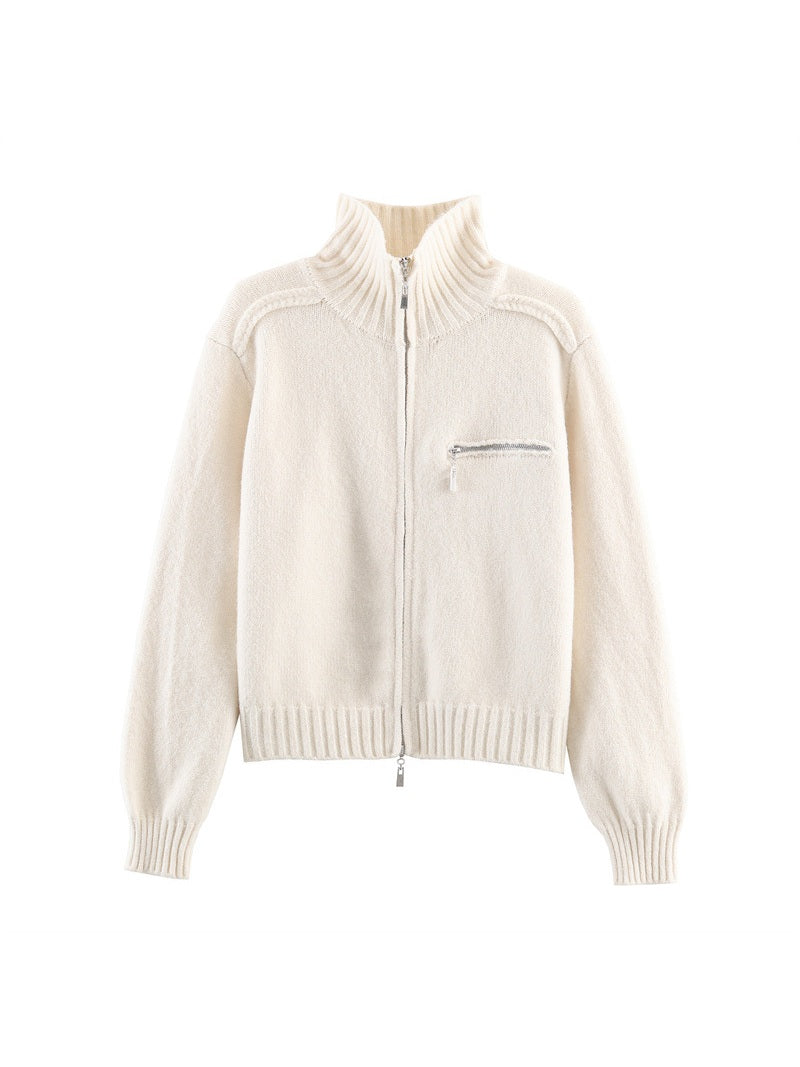 Gilet court zippé femme à col montant en maille douce, coloris écru