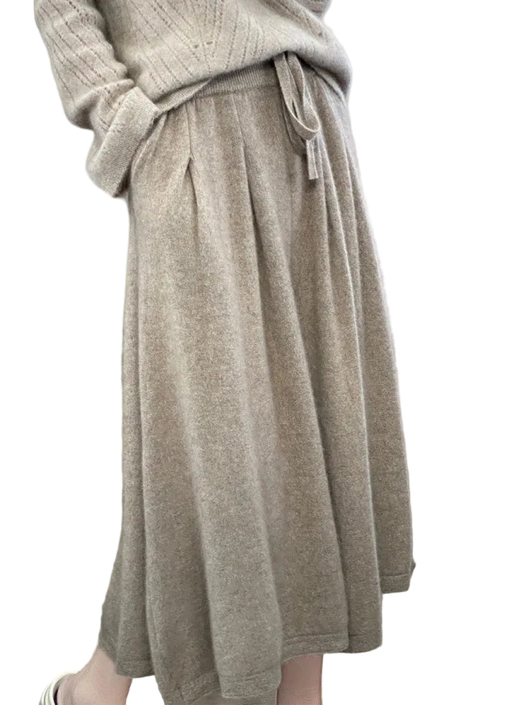 Jupe longue femme en maille de laine mérinos, taille haute à cordon, coloris avoine