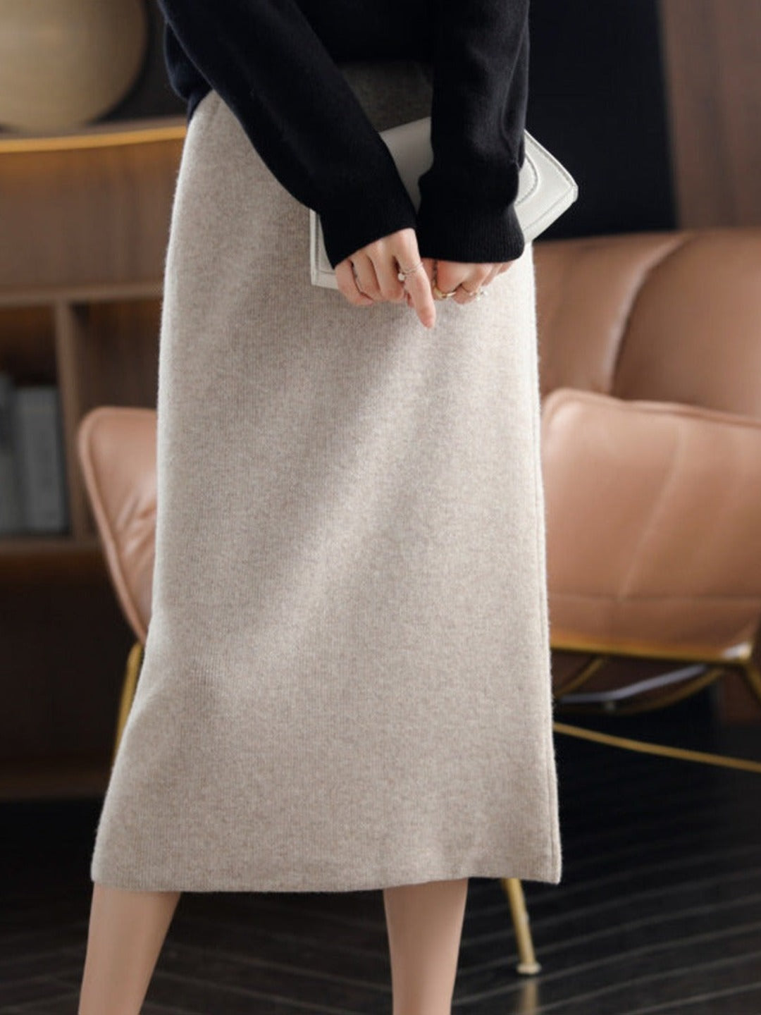 Jupe longue en laine, coloris camel clair