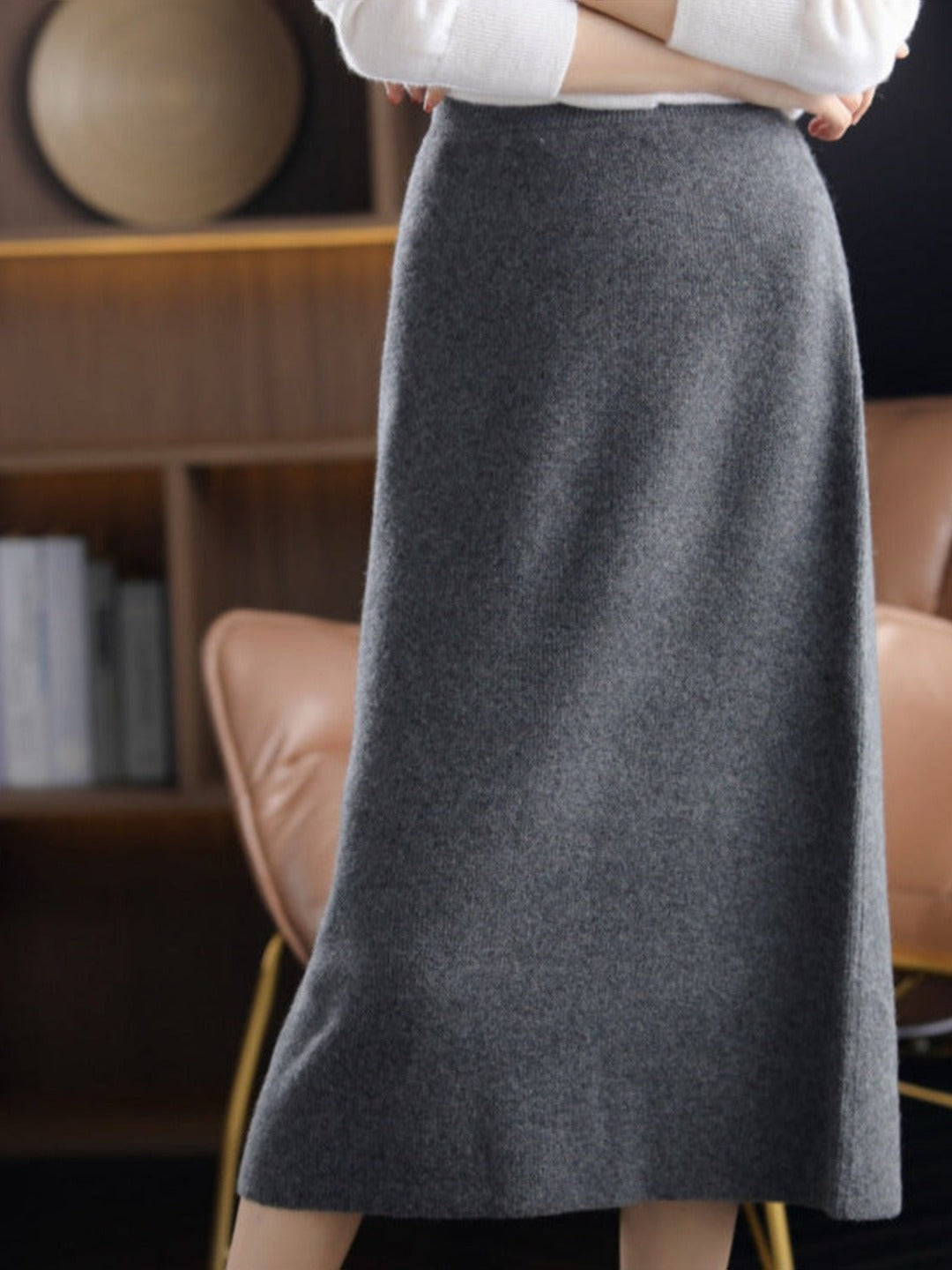 Jupe longue en laine, coloris gris foncé