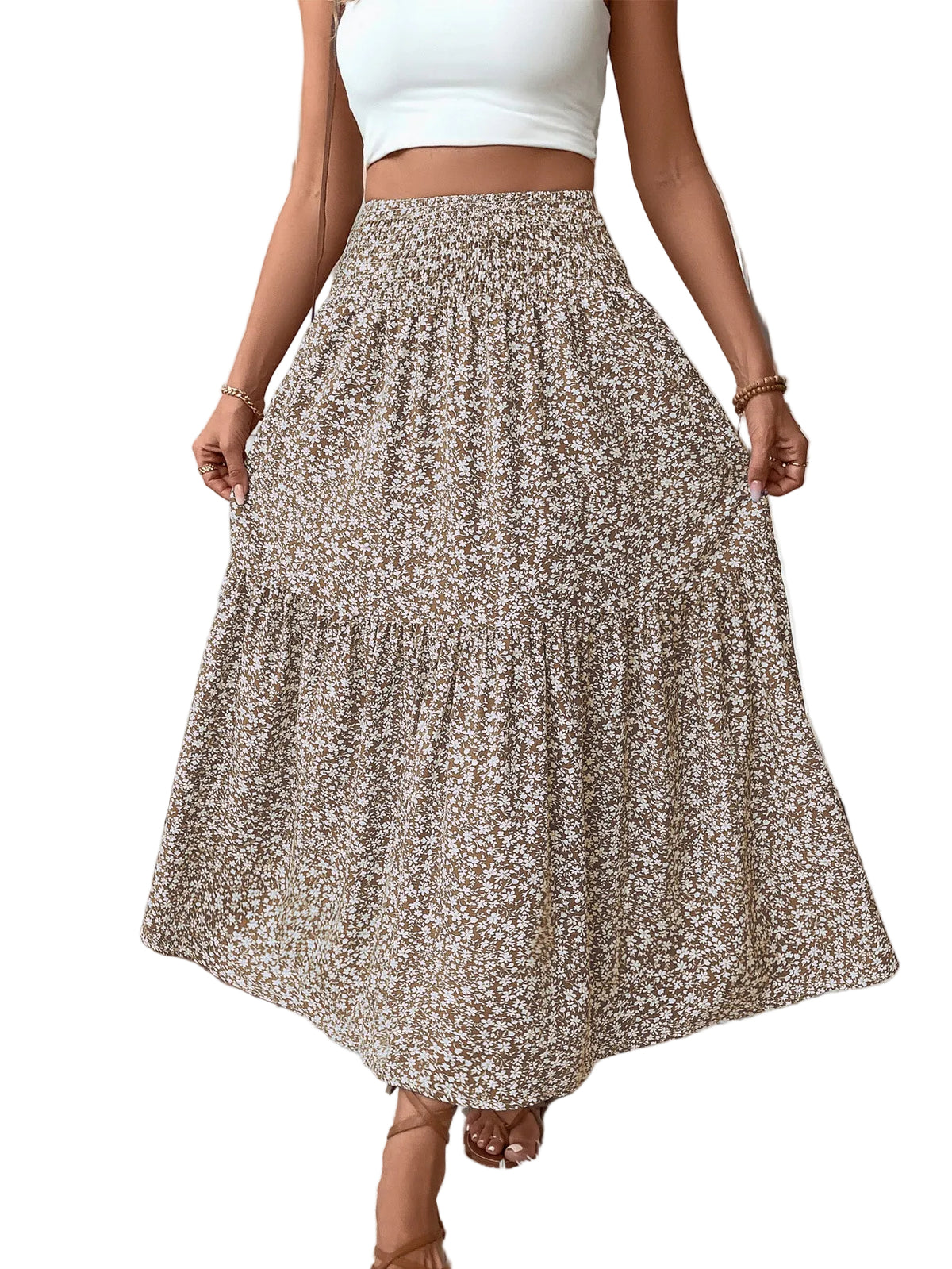 Jupe longue femme à volants, coloris beige fleuri