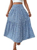 Jupe longue femme à volants, coloris bleu fleuri