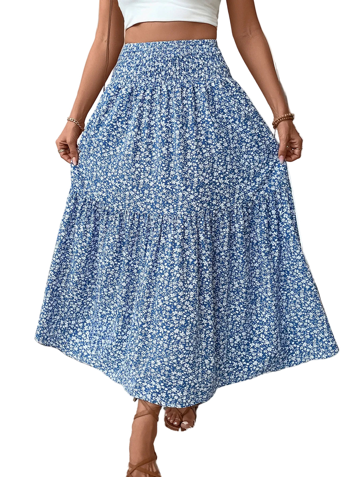 Jupe longue femme à volants, coloris bleu fleuri
