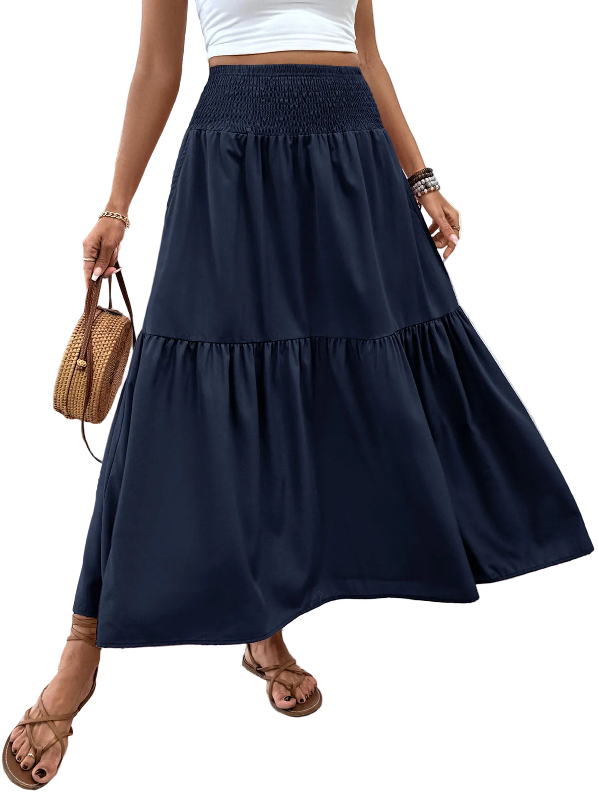 Jupe longue femme à volants unie, coloris bleu marine