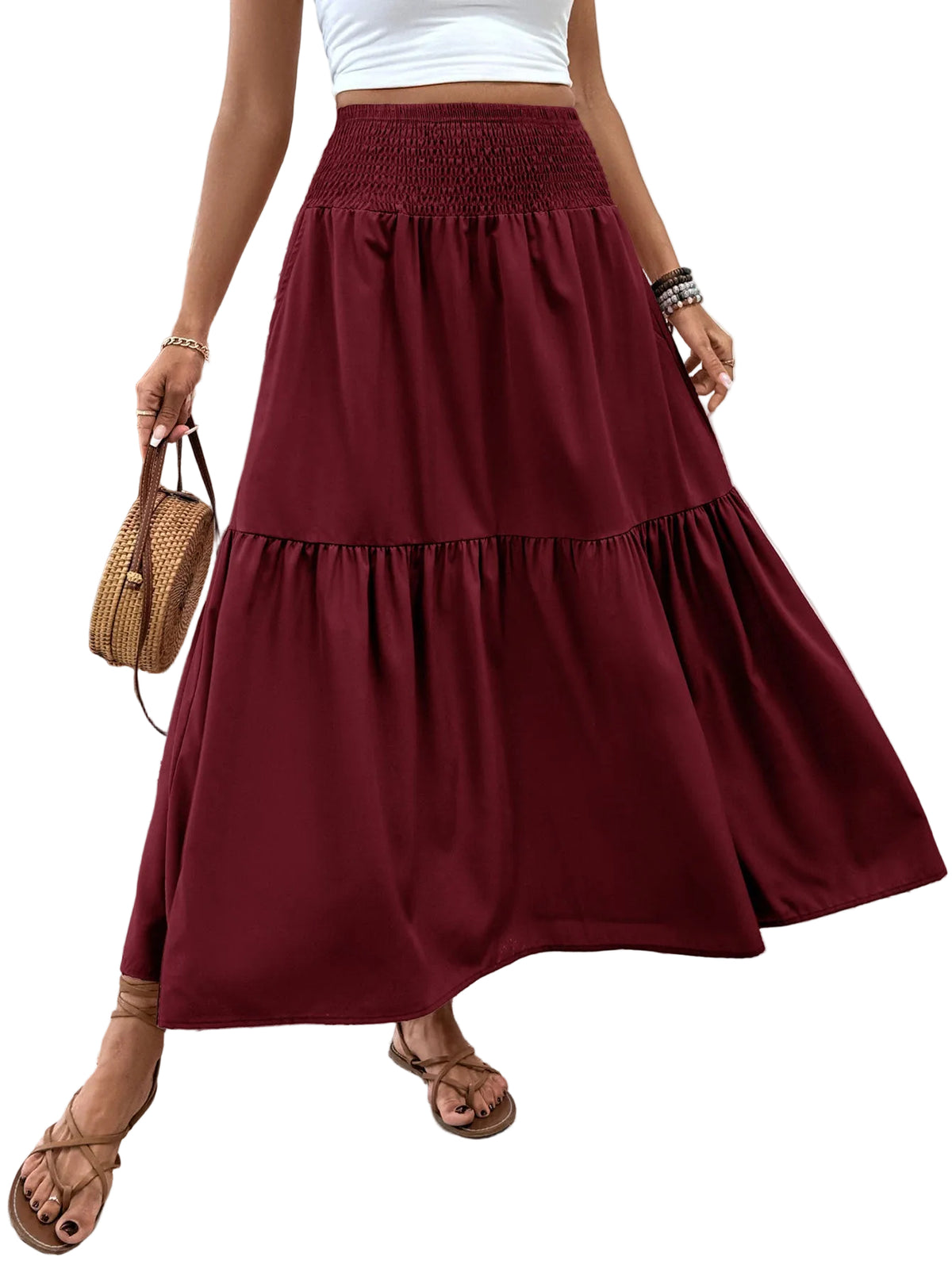 Jupe longue femme à volants unie, coloris bordeaux