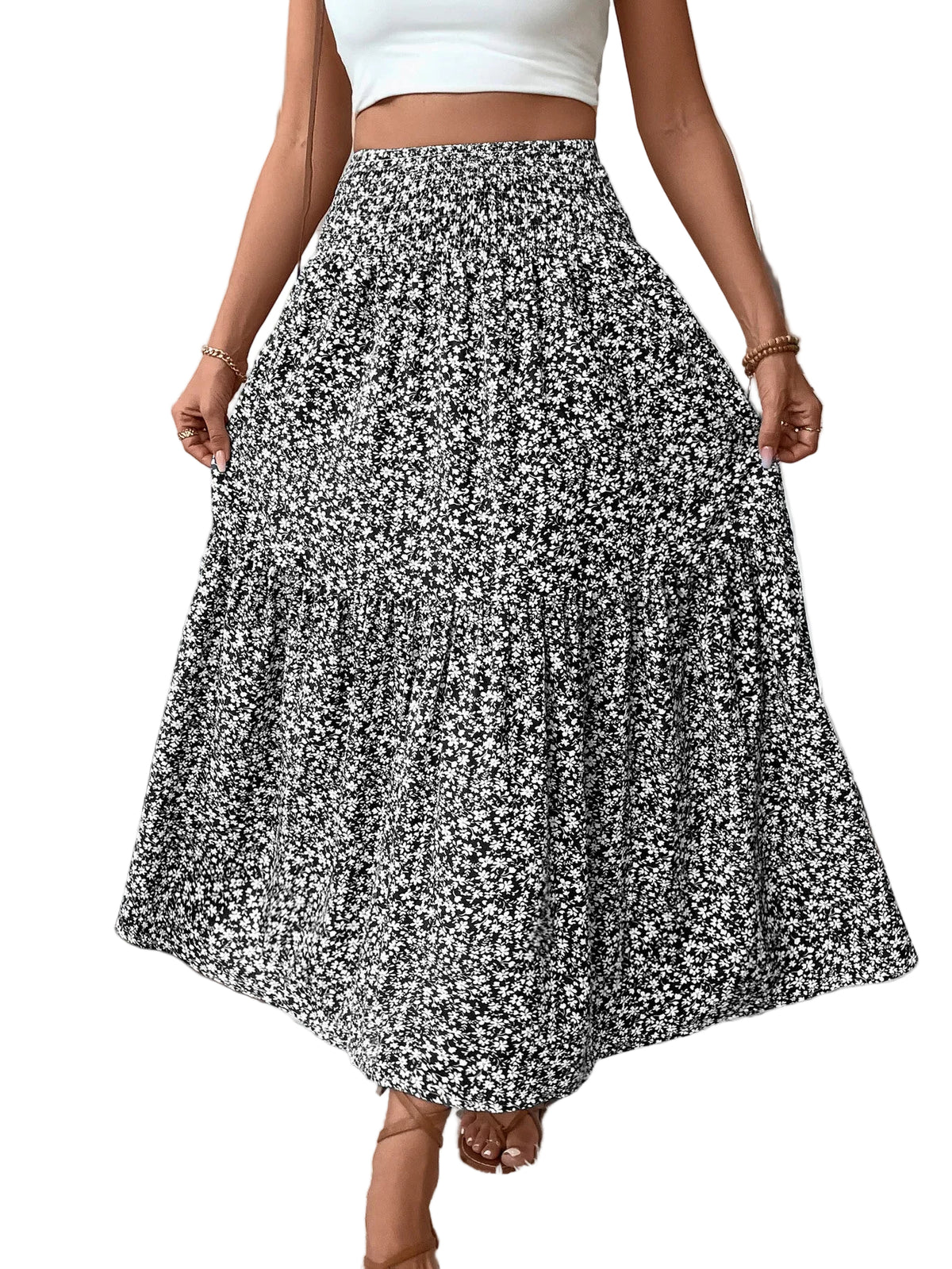 Jupe longue femme à volants, coloris noir fleuri