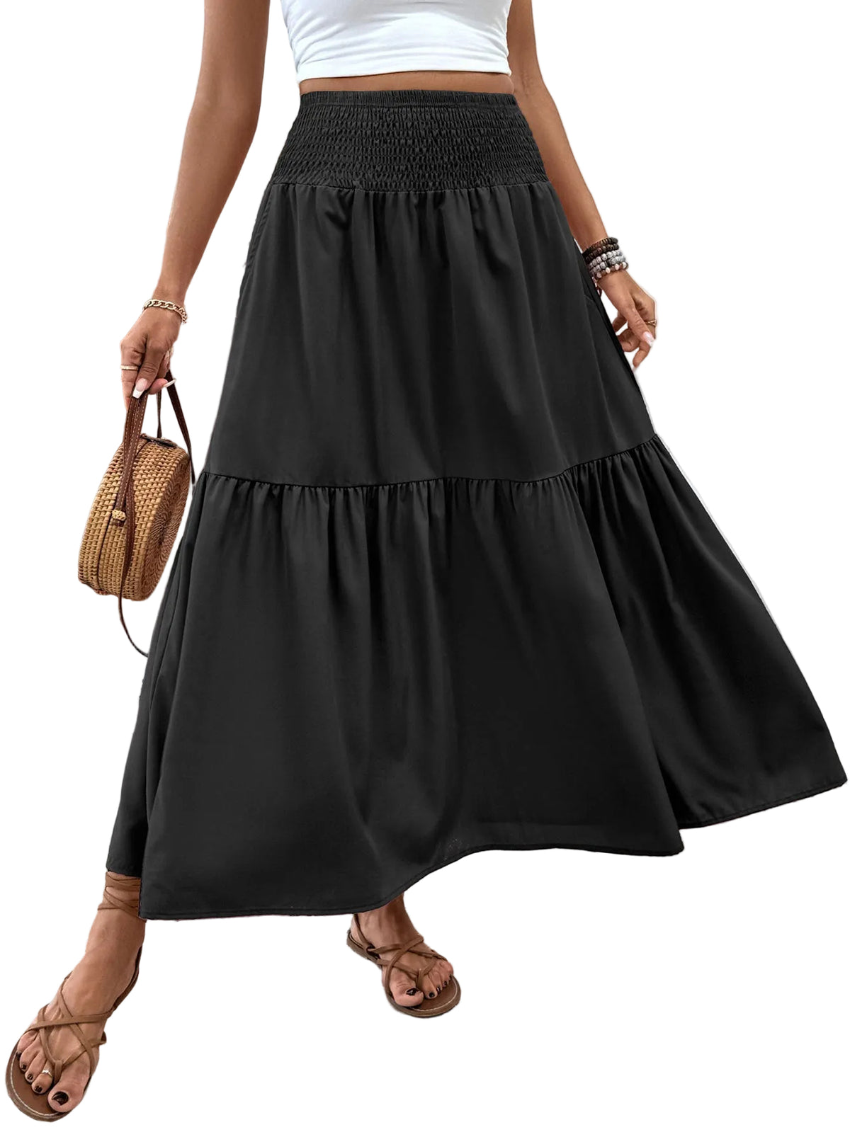 Jupe longue femme à volants unie, coloris noir