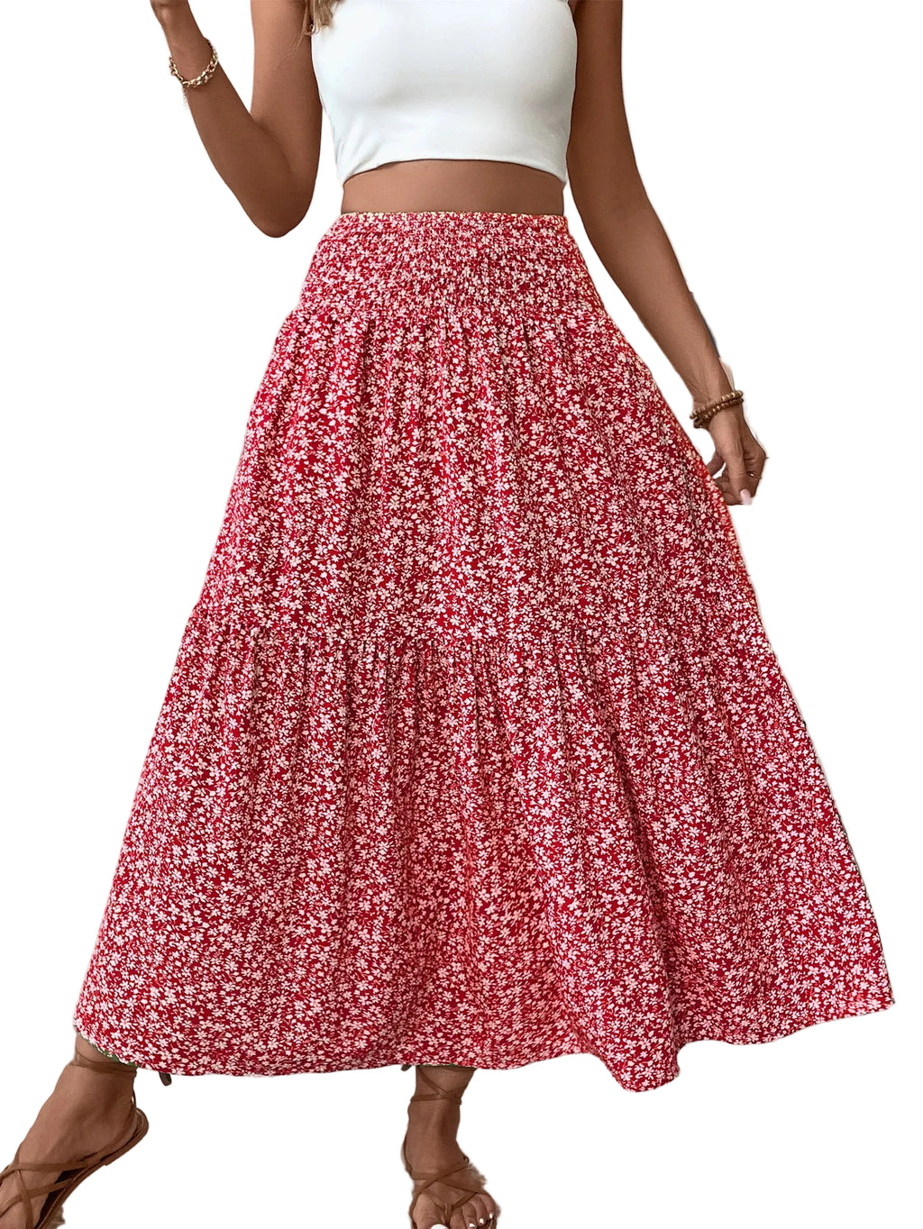 Jupe longue à volants fleurie rouge, portée, taille haute élastique
