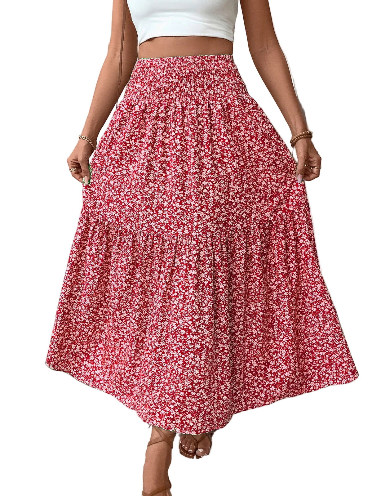 Jupe longue femme à volants, coloris rouge fleuri