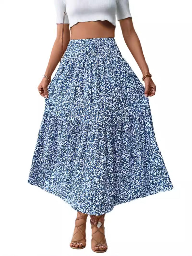 Jupe longue femme à volants, taille haute smockée, imprimé fleuri bleu