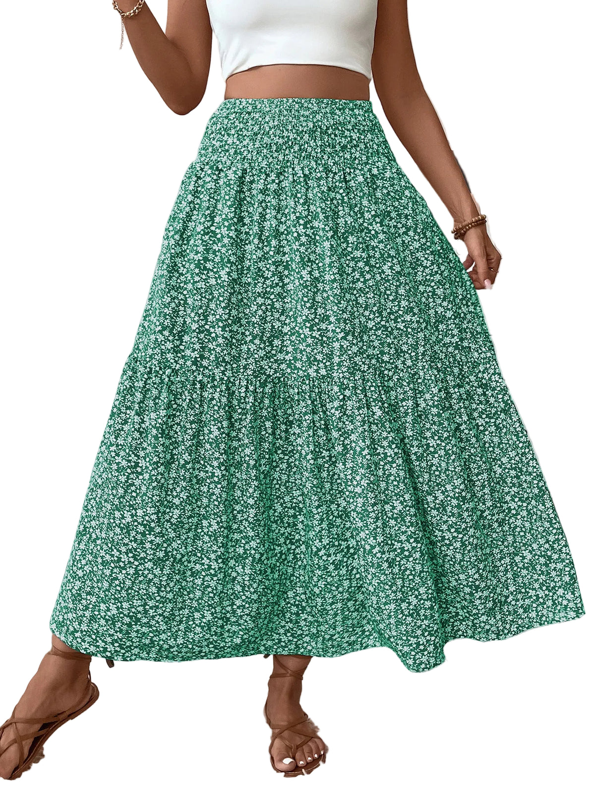 Jupe longue à volants fleurie verte, portée, taille haute élastique