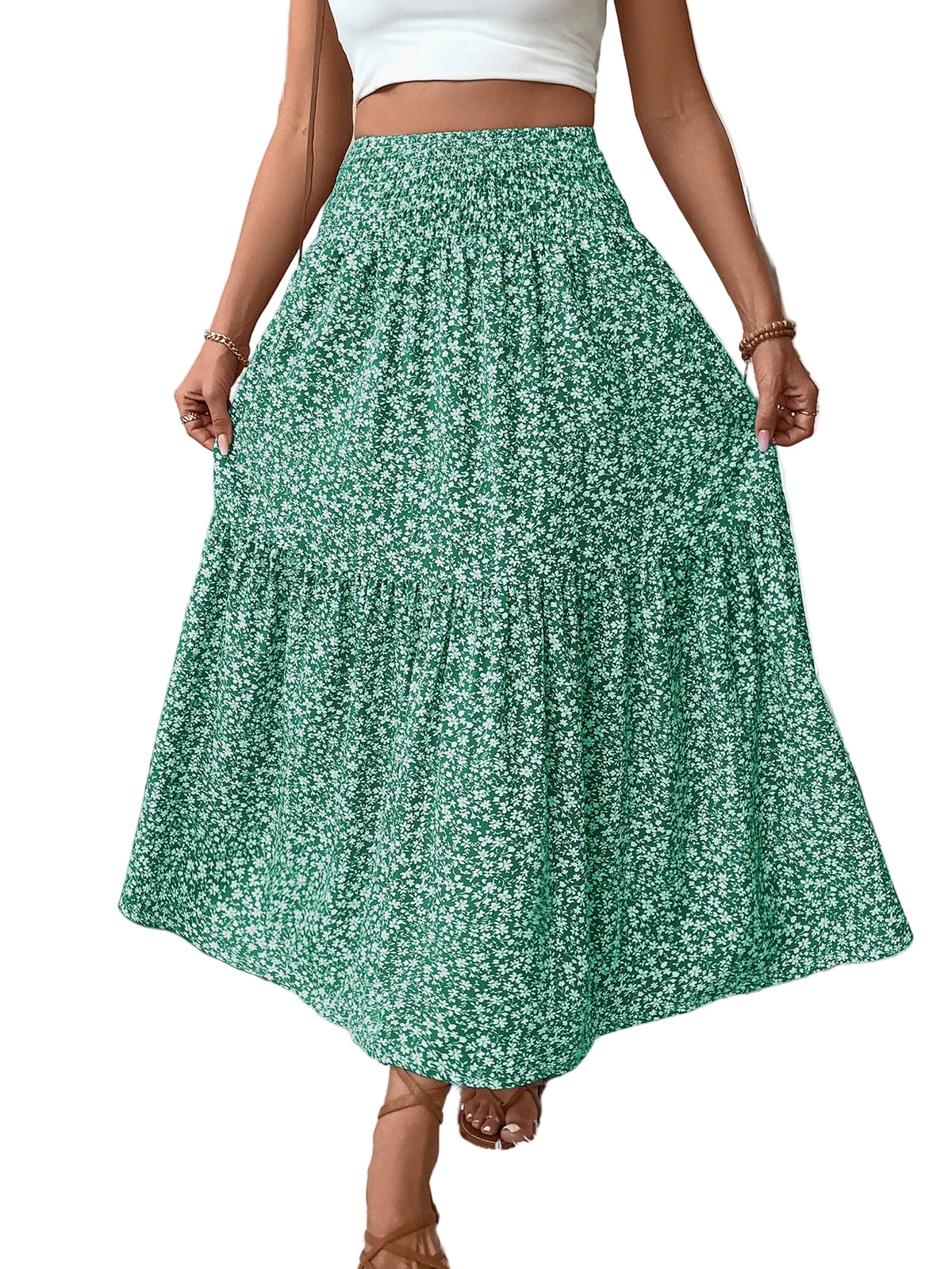 Jupe longue femme à volants, coloris vert fleuri