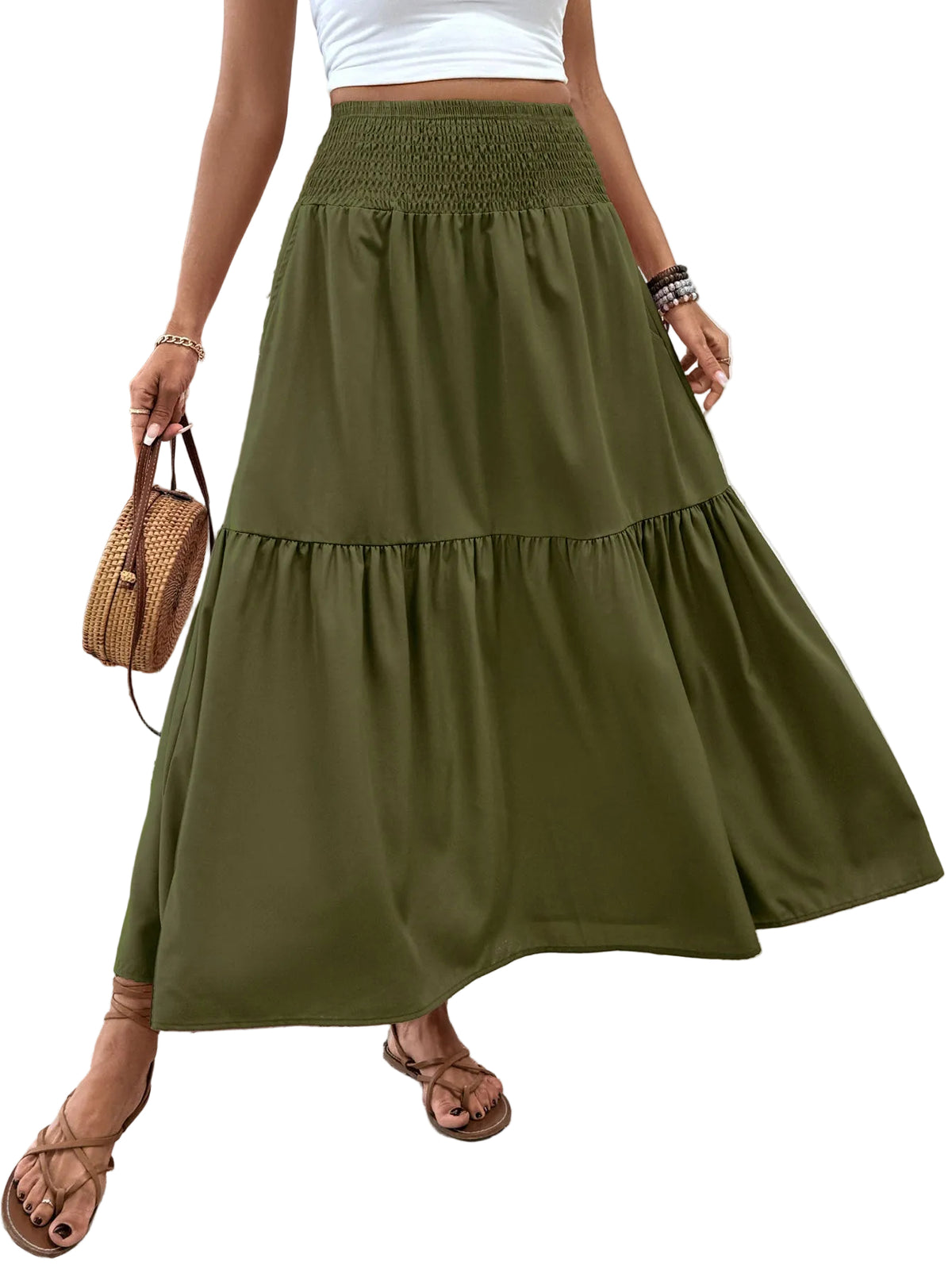 Jupe longue femme à volants unie, coloris vert kaki