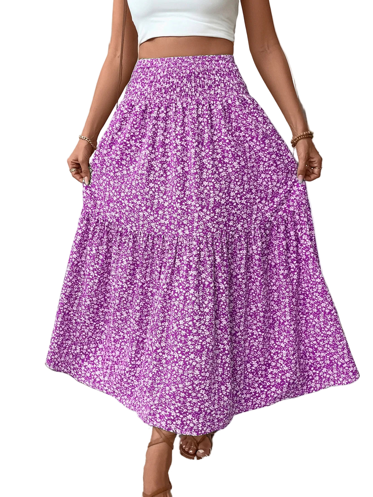 Jupe longue femme à volants, coloris violet fleuri