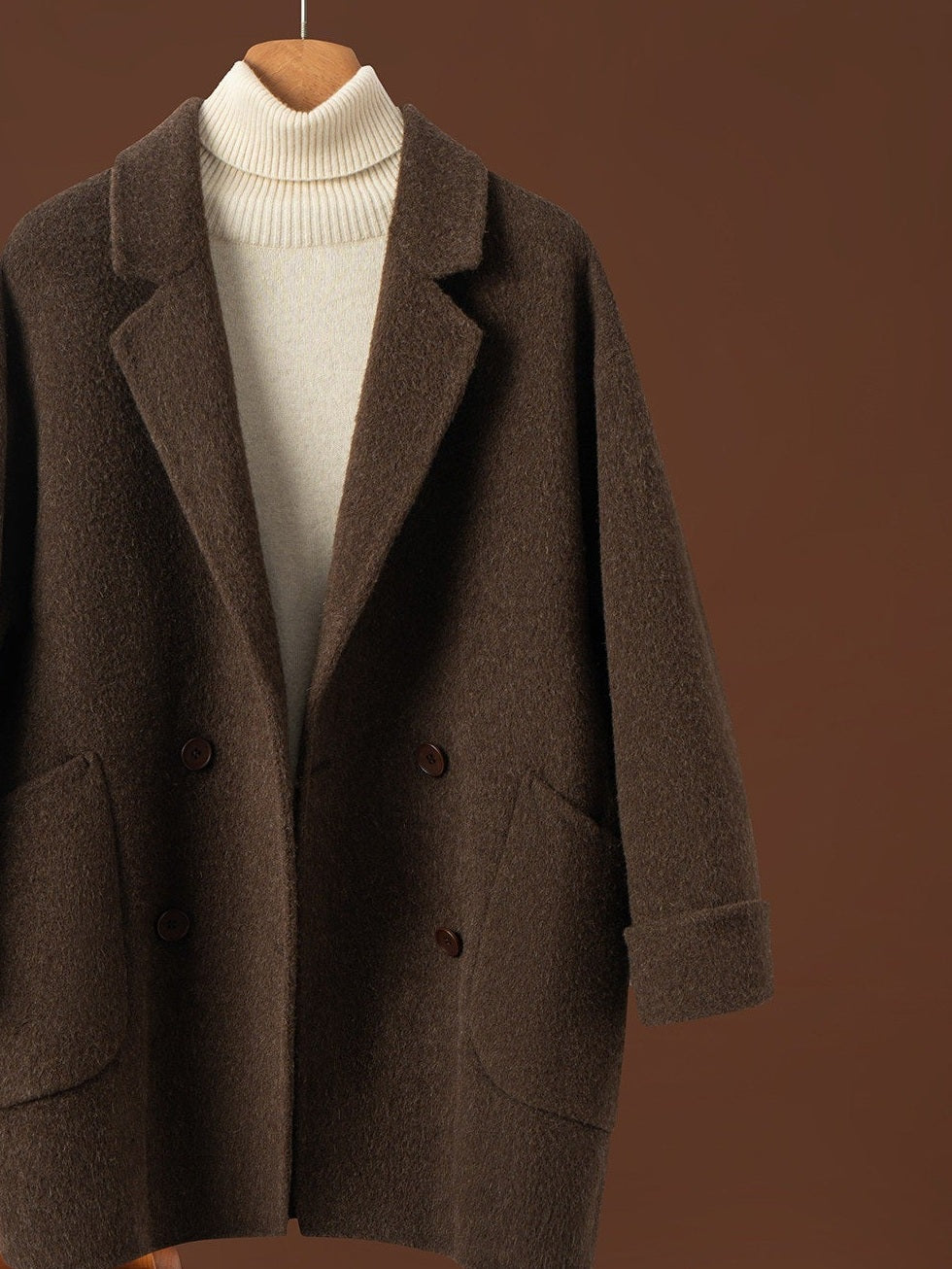 Manteau long femme épais, coloris café, vue de face