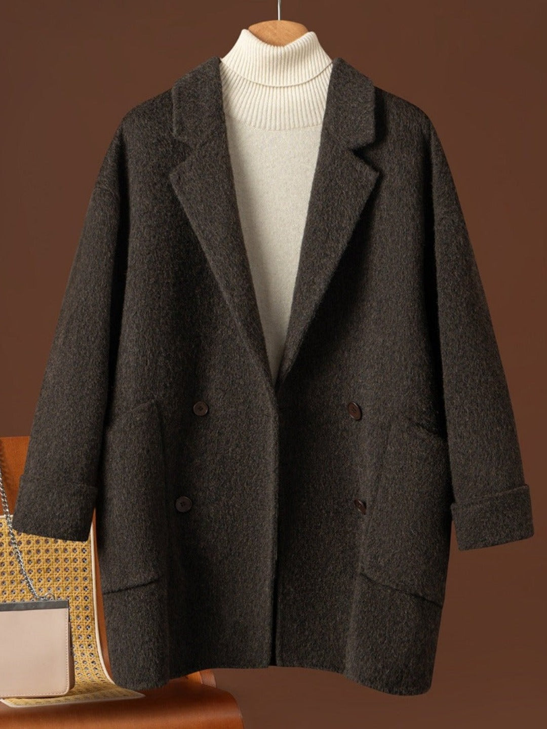 Manteau long femme épais, coloris kaki foncé