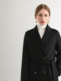 Manteau long femme en laine croisée à ceinture, coloris noir, col cranté et double boutonnage