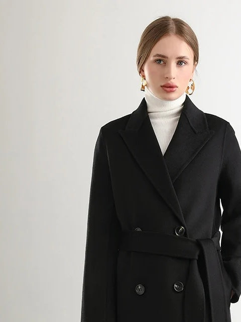 Manteau long femme en laine croisée à ceinture, coloris noir, col cranté et double boutonnage