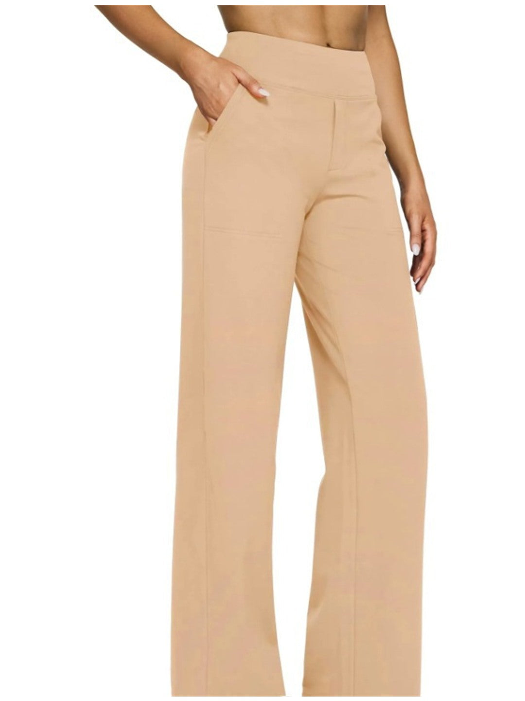 Pantalon fluide taille haute à poches, coloris beige