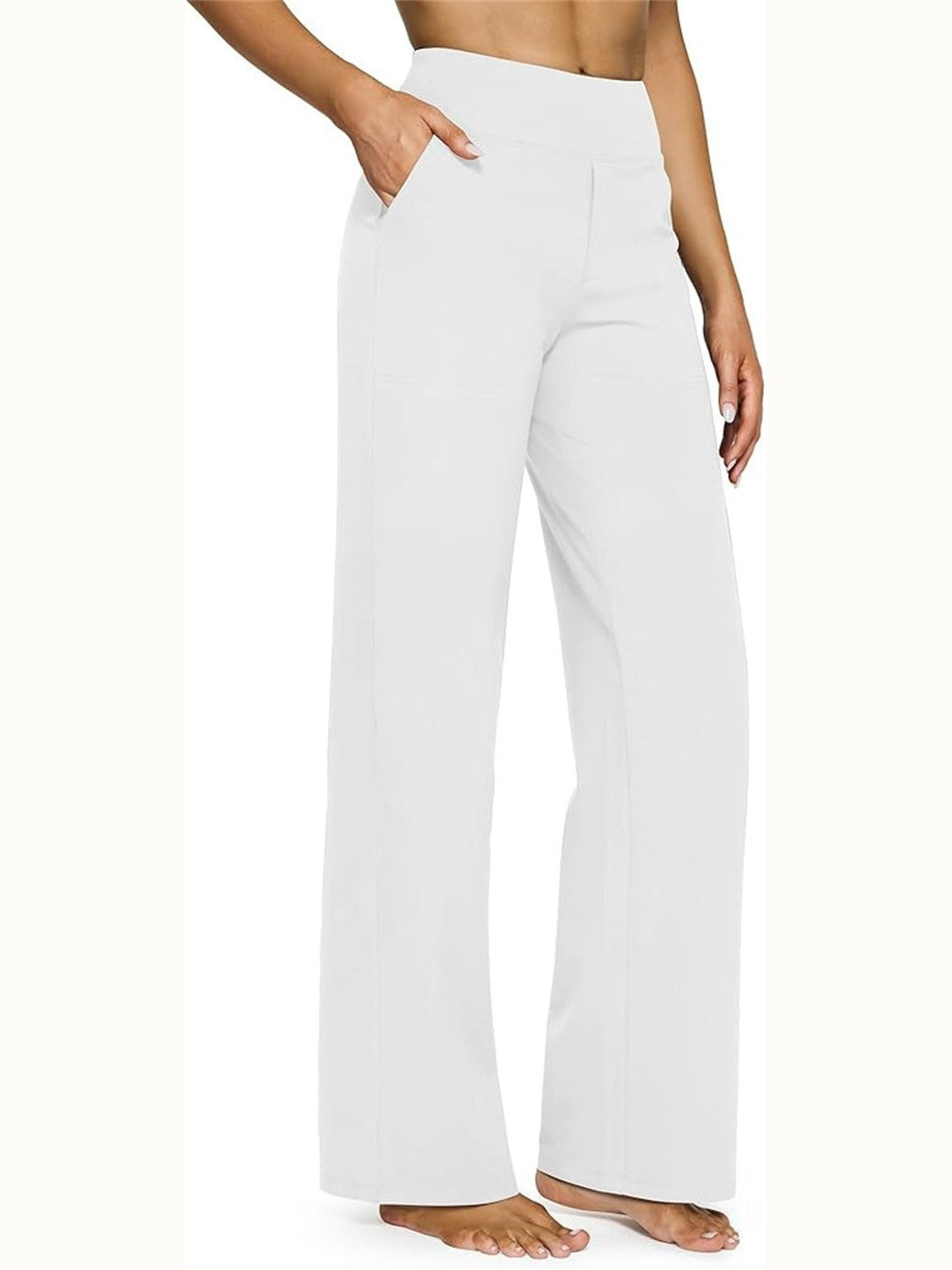 Pantalon fluide taille haute à poches, coloris blanc