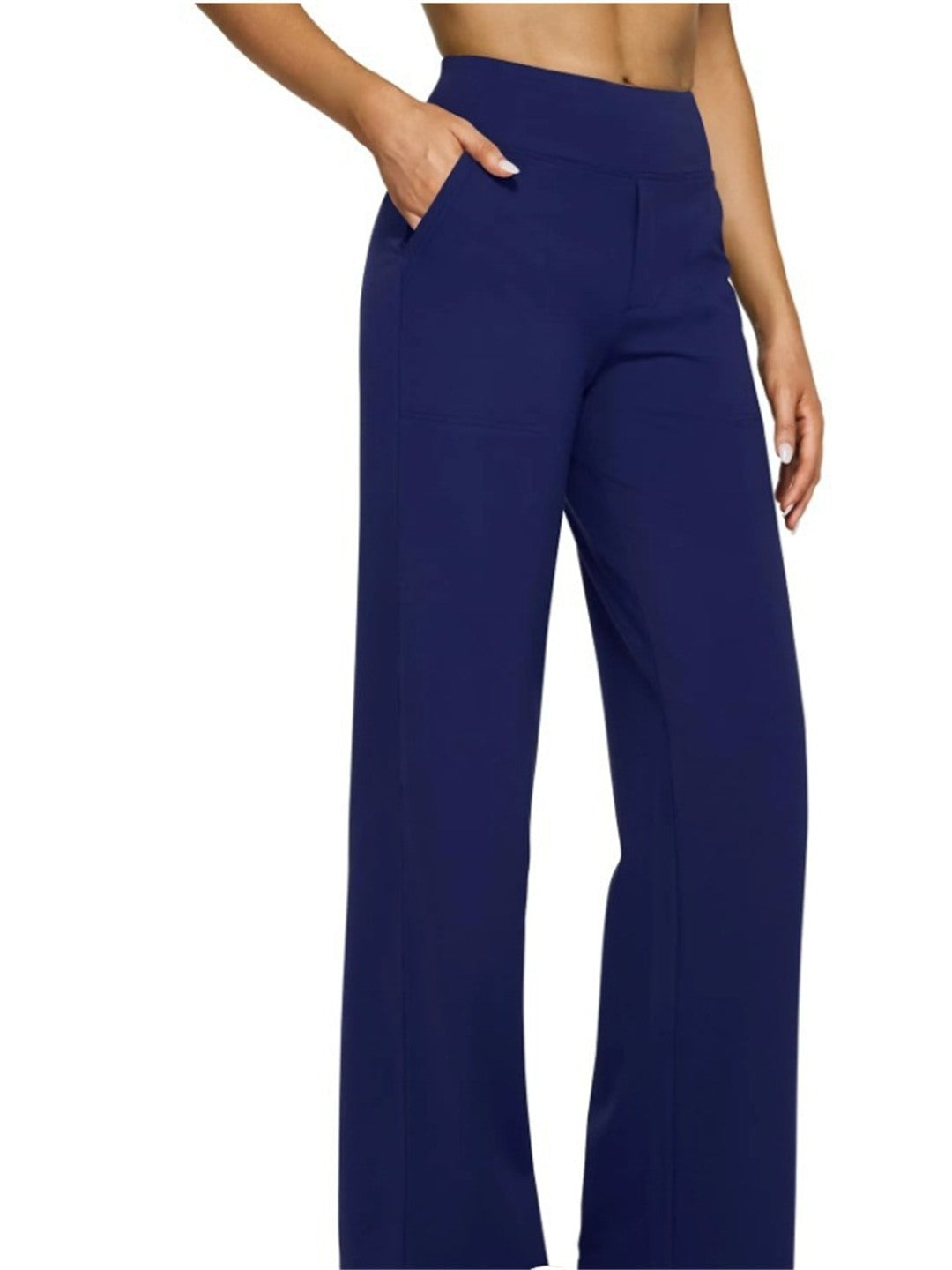 Pantalon fluide taille haute à poches, coloris bleu marine