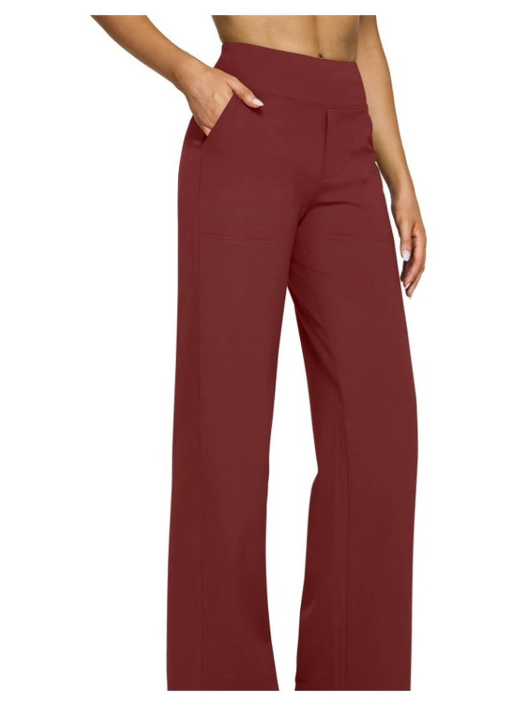 Pantalon fluide taille haute à poches, coloris bordeaux
