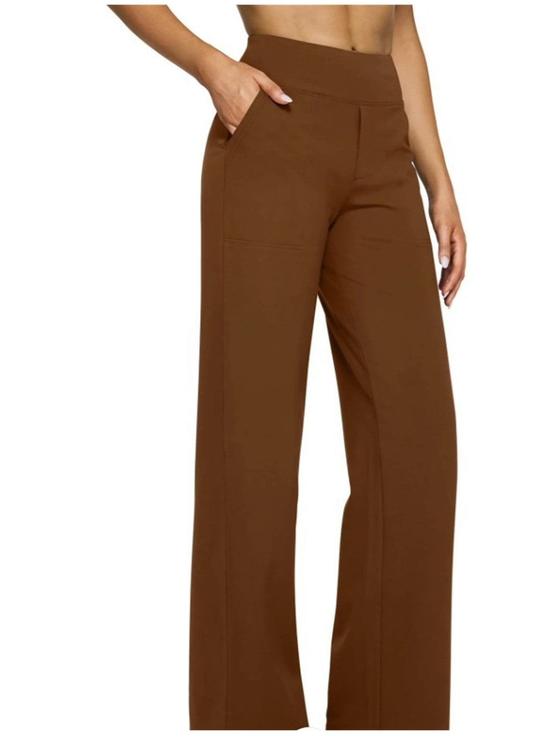 Pantalon fluide taille haute à poches, coloris caramel
