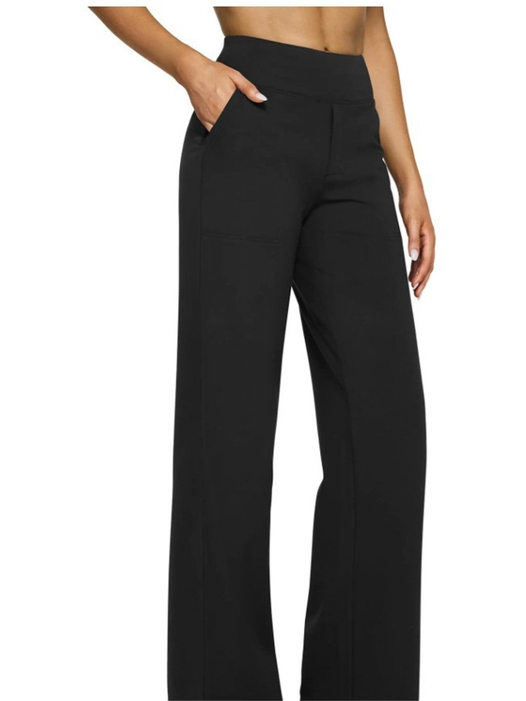 Pantalon fluide taille haute à poches, coloris noir