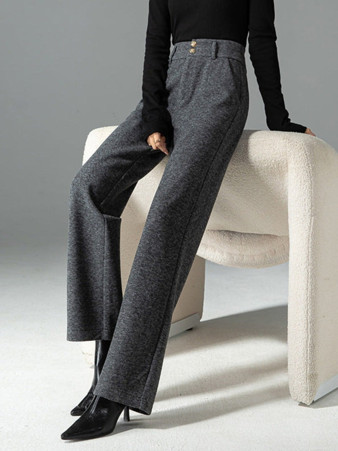 Pantalon large taille haute à pli marqué, coloris gris anthracite