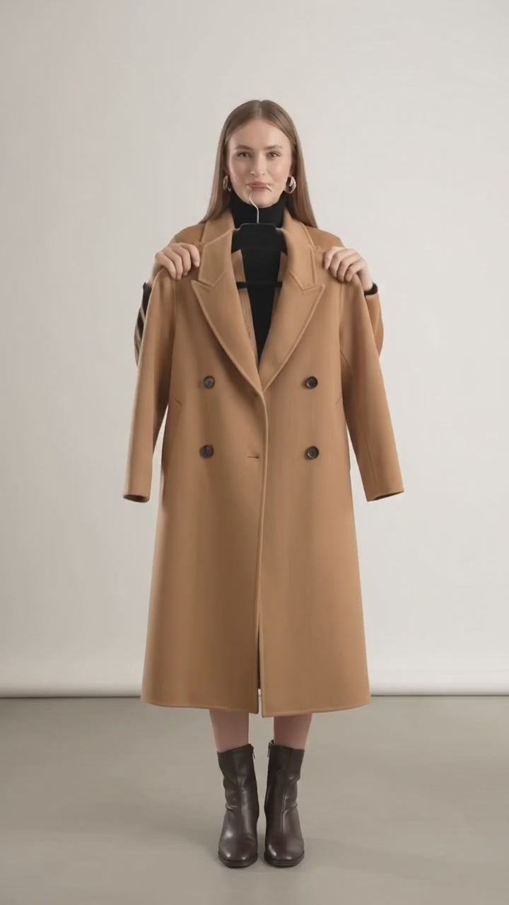 Manteau long femme en laine croisée à ceinture